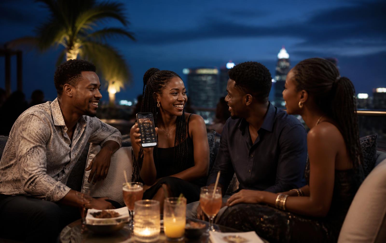 Friends enjoying an evening at a rooftop lounge in Dar es Salaam